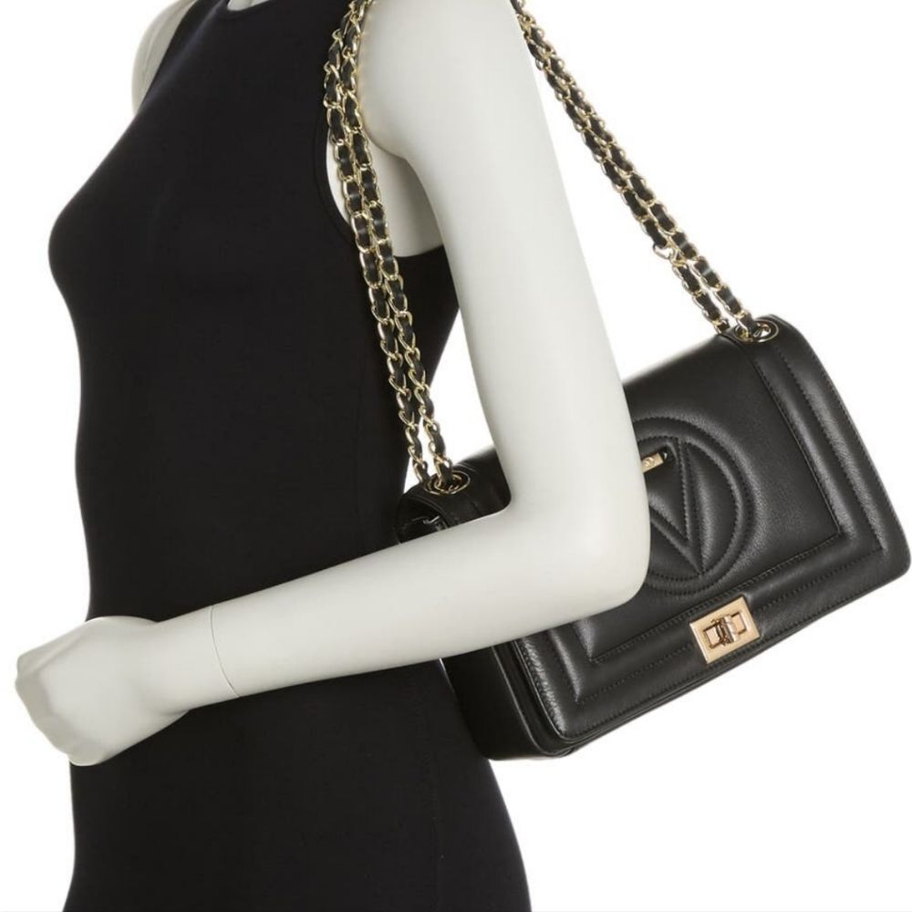 New Valentino By Mario Valentino Black Leather Shoulder Bag with Gold Chain
